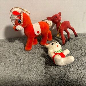 3 Vintage Flocked Christmas Tree Ornament Pony Horse Teddy Bear Deer Retro Japan